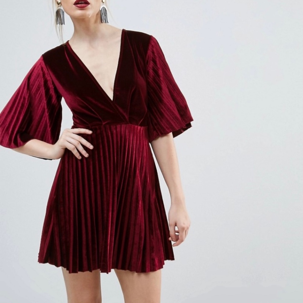 Stunning burgundy velvet kimono holiday/New Years dress with pleating by ASOS